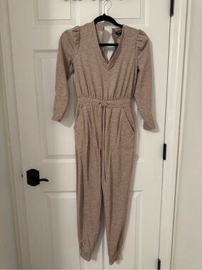 Express Taupe V-Neck Long Sleeve Jumpsuit
